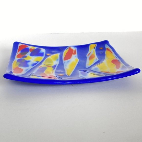 Handmade Fused Art Glass Trinket Tray Ring Dish Catch All Red Yellow Blue 6x6 - Picture 4 of 12